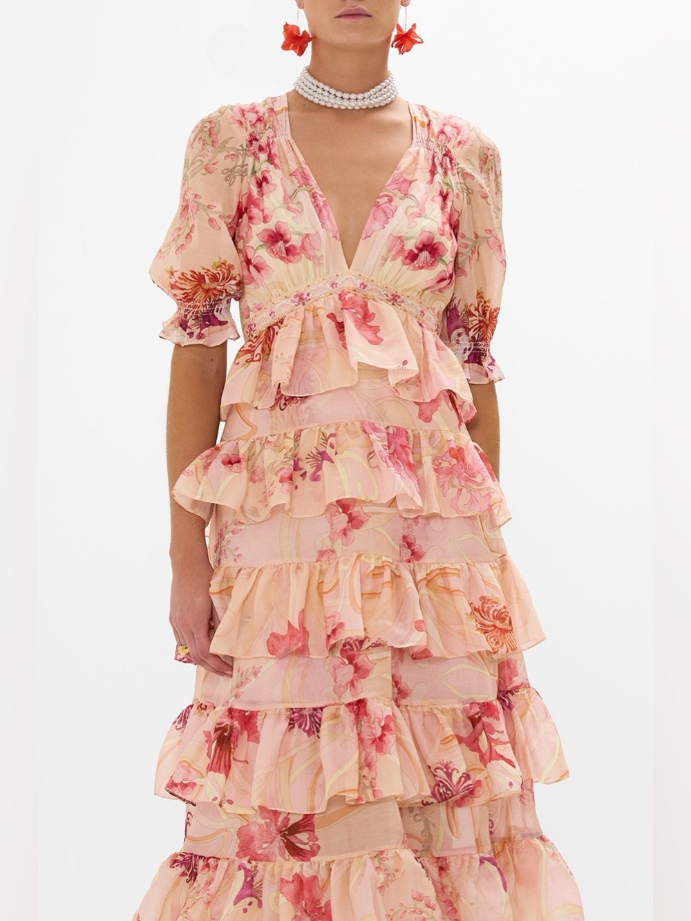 Camilla Peach-Pink Floral Tiered Ruffle Midi Dress NWT Small Rare Runway